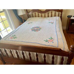 Vintage White Chenille Bedspread With Floral Embroidery & Blue Trim - Full/Queen